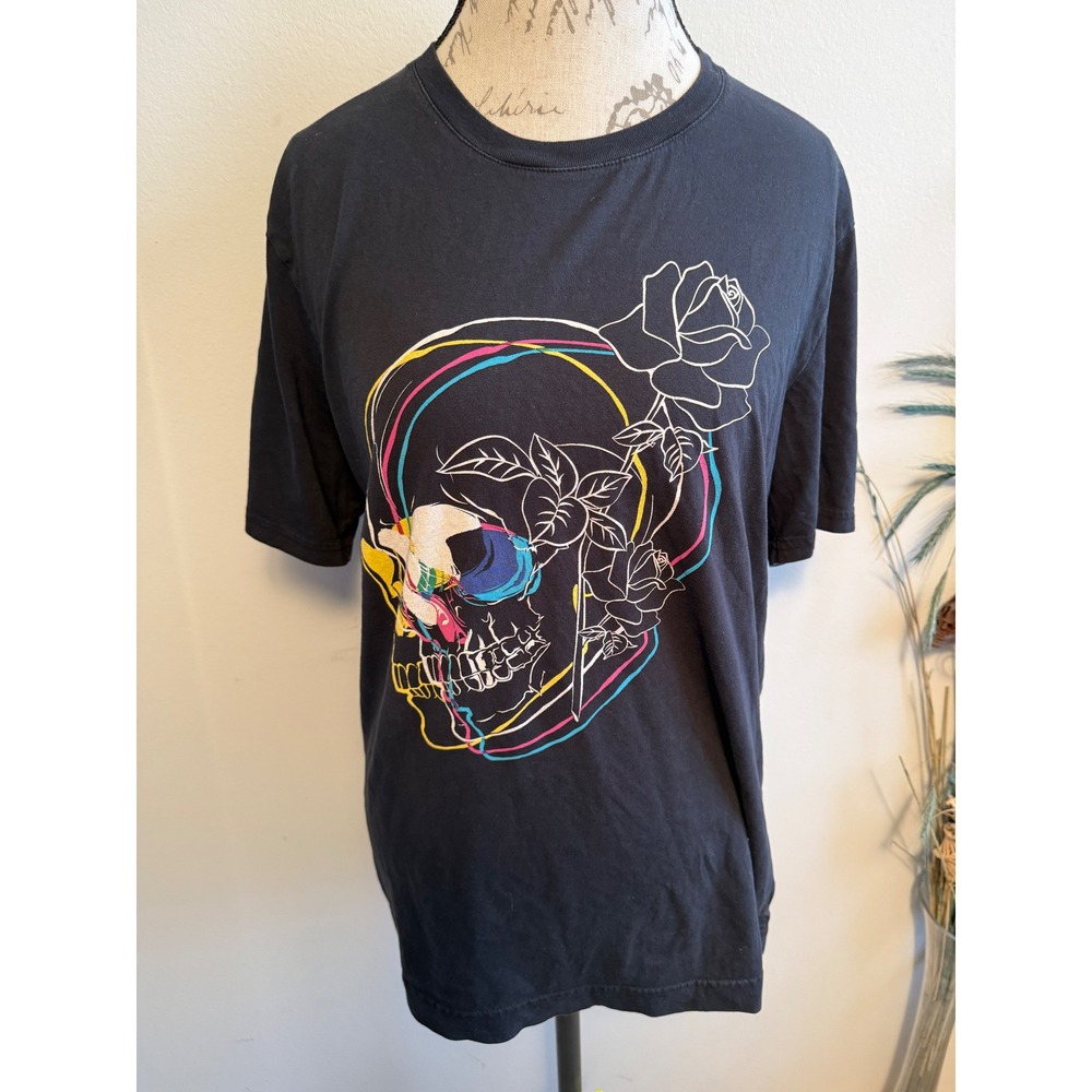 Robert Graham Mens Black Skull Rose Graphic T Shirt Large Cotton